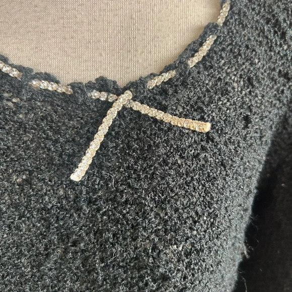 Vintage Black Boucle Handknit Dress Rhinestone Ribbon Detail - Picture 8 of 10
